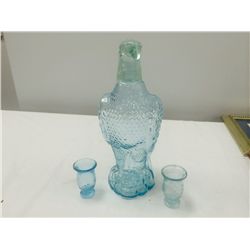 Vintage Glass Eagle Bottle and 2 Glasses