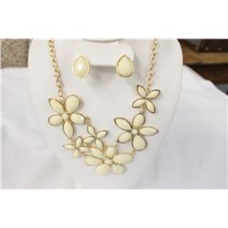 Gold Plated Designer Necklace and Earrings With White Resin Stones