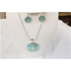 Designer Necklace and Earrings With Green Resin and C.Z.