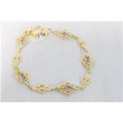 Gold Plated Sterling Silver Bracelet With Genuine Amethyst, Peridot and Blue Topaz