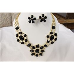 Designer Gold Plated Necklace and Earrings With Black Resin Stones