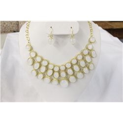 Gold Plated Designer Necklace and Earrings With White Resin Stones