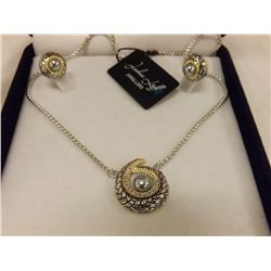 Joshua Lieff Designer Rhodium and Yellow Gold Plated Necklace/Pendant and Earrings with Clear Swarov