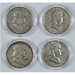 4-FRANKLIN HALF DOLLARS, 1952, 53, 54 & 55, AVG CIRC