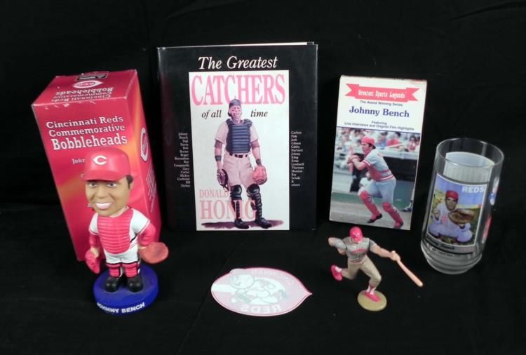 6 Pc Johnny Bench Lot Bobblehead,VHS,Book,Glass,Book