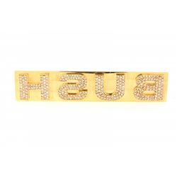 RING: [1] Mens 10ky name 4 finger plate ring with diamonds; BUSH backwards (mirrored); 273 rb dias, 