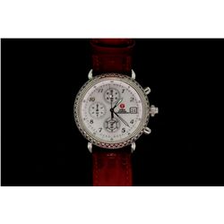 WATCH: [1] Ladys st.steel Michele CSX diamond chronograph wristwatch; bezel w/ 100 rd dias, 1.2mm = 