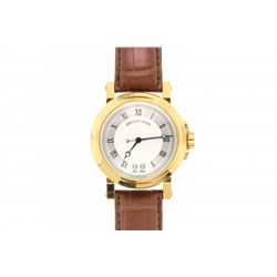 WATCH: [1] Gent's Breguet Hologer De La Marine 18k yellow gold with brown leather band wristwatch. 4