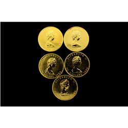 COINS: [5] $50 Canadian Maple Leaf gold coins, .9999, 1 Troy oz, 1986.