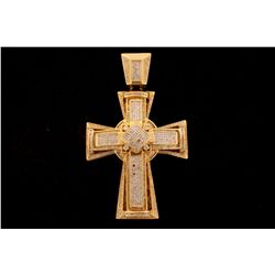 PENDANT:  [1] 10KYG cross pendant with a 14KYG bail is set with round, baguette and princess cut dia