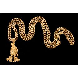 NECKLACE:  [1] 14KYG Cuban chain necklace, 7.8mms wide, 30"s long; and [1] 14KYG religious pendant; 