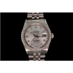 WATCH: [1] Mens st.steel Vintage Rolex O.P. Datejust wristwatch w/ aftmkt diamond apptmnts; 18kw bez