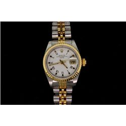 WATCH: [1] Ladys st.steel & 18ky Vintage Rolex O.P. Date wristwatch; white Roman numeral dial; 18ky 