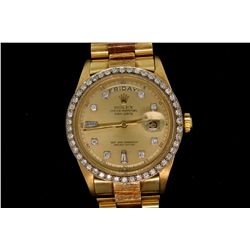 WATCH: [1] Mens 18ky Vintage Rolex O.P. Day Date wristwatch w/ aftmkt diamond apptmnts & bracelet; 1