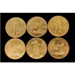 COINS: [6] American Eagle $50 1 oz Fine gold coins uncirculated. (1) 1987 (1) 1998 (1) 1999 (1) 1986