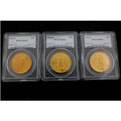 COINS: [3] U.S. $20 gold coins, 1914-S, graded and slabbed PCGS MS63.