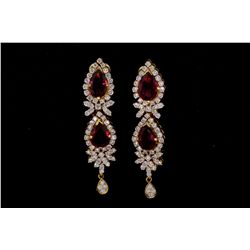 EARRINGS: [1] Pair 18kyg dia and rubellite earrings 2" long set with (4) pear shaped rubellite tourm