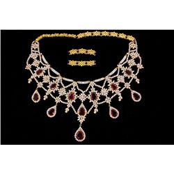 NECKLACE: [1] 18kyg Rubellite tourmaline and dia necklace 18" to top. Set with (63) baguette dias (8