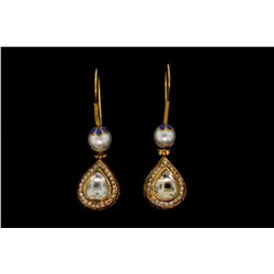EARRINGS: [1] Pair 18kyg dia and cultured pearl Jaipuri earrings 2 1/2" long with a 9.0mm South Sea 