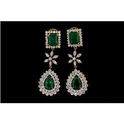 EARRINGS: [1] Pair 18kyg emerald and dia earrings 1 1/4" long set with (2) emerald cut emeralds and 