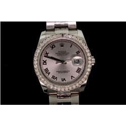 WATCH: [1] Mens st.steel Rolex O.P. DateJust wristwatch w/ aftmkt diamond bezel; 37.1mm case; silver