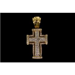 PENDANT: [1] Ladys 14ky "invisible" set diamond cross pendant; 102 sq prin dias, 1.3mm = est 1.53ctt