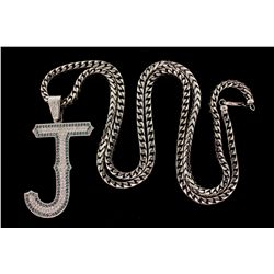 NECKLACE:  [1] 10 karat white gold square Cuban chain, 5.2mms, 40"s; and a 10 karat white gold "J" p