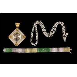 PENDANT:  [1] 10KY & WG pendant with a silver '$' over the center piece and set with synthetic clear