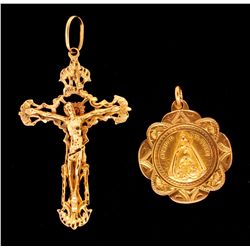 PENDANT:  [1] 18KYG religious pendant; 12.5 grams.PENDANT:  [1] 14KYG crucifix pendant; 21.8.