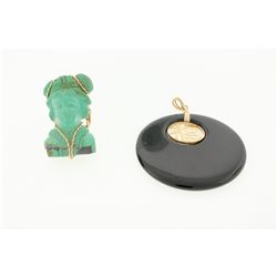 PENDANT: [1] 14KYG pendant with Asian letters set in a black jadeite discRING: [1] 10KYG (acid teste
