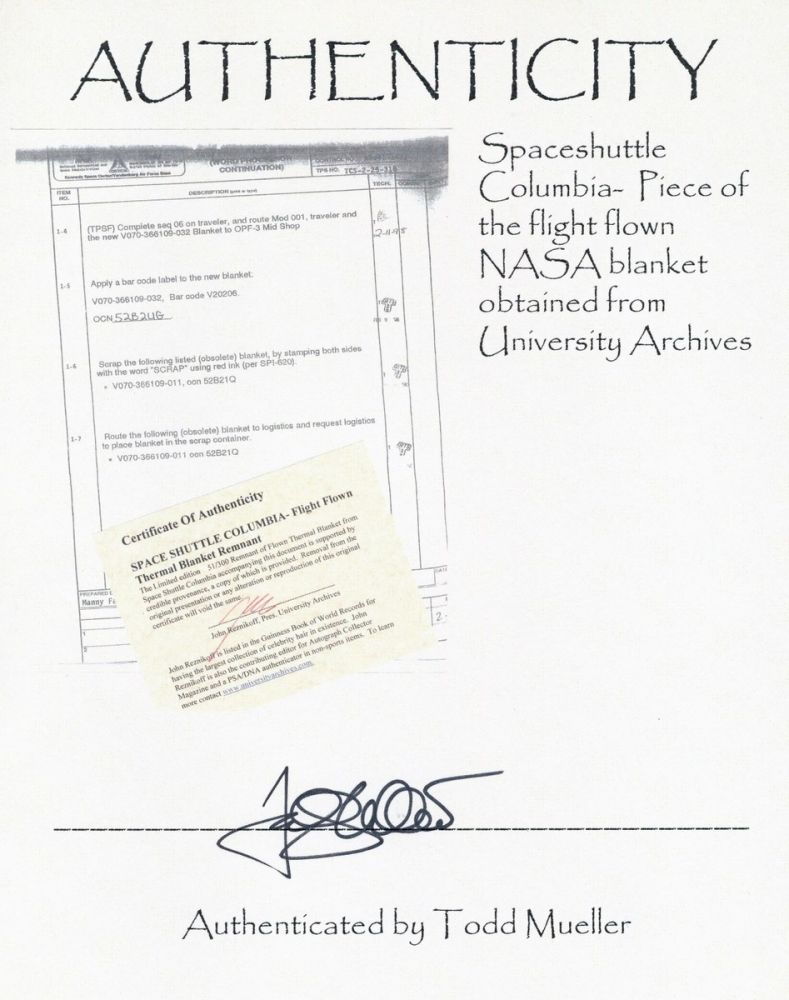 Space Shuttle Columbia Relic Photo with Piece of a Flight Flown Blanket