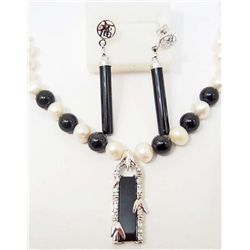 18K WHITE GOLD FILLED PEARL & AGATE JEWELRY SET