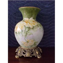 signed Pearl Carson 1983 hand painted vase w/brass