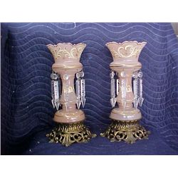 Pair early Victorian pink mantle lusters w/prisms