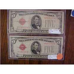 2 Red Sealed 5 Dollar Bills - 1928