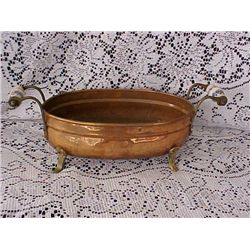 Early copper footed dish w/porcelain handles