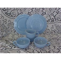 5 pc. Blue press glass plate and cup set