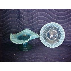 2 pc. Blue hobnail dish and pedestal dish