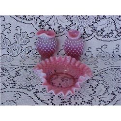 3 pc. Pink hobnail dish and vases