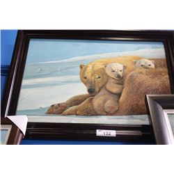 FRAMED ORIGINAL OIL PAINTING OF A POLAR BEAR AND CUBS