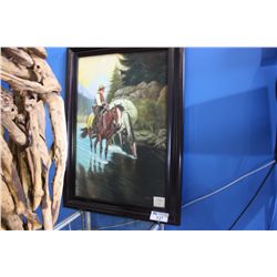 FRAMED ORIGINAL OIL PAINTING OF A COWBOY AND HORSES IN RIVER