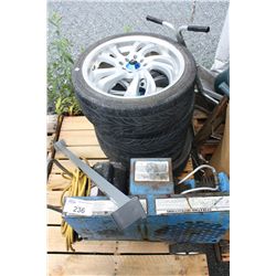 PALLET LOT OF AIR COMPRESSOR AND 4 TIRE SET WITH RIMS