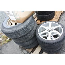 SET OF 4 TIRES ON RIMS AND 3 TIRES ON RIMS, INCLUDING BOX OF MISC