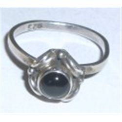 STERLING SILVER RING WITH A BLACK TOPAZ ROUND CUT GEMSTONE STAMPED *925*!! RING CAME OUT OF SAFE!!