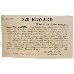 1907 WANTED POSTER POSTCARD