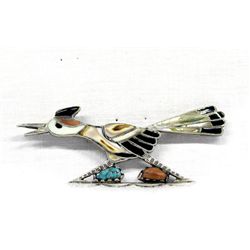 Vintage Zuni Silver Channel Inlay Roadrunner Pin  3.25 "