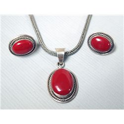 Taxco Sterling Coral  Pendant Necklace & Earrings