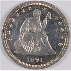 1891 SEATED QUARTER, CHOICE PROOF 63, MOSTLY WHITE, NICE COIN, ONLY 600 MINTED!!