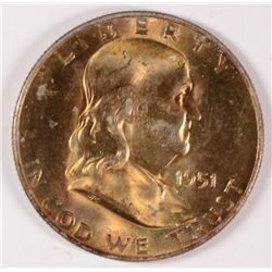 1951-D FRANKLIN HALF DOLLAR, MS-65 GEM,  VERY NICE COLOR OBVERSE , WHITE REVERSE