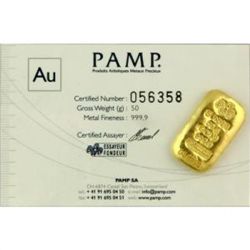 PAMP Credit Suisse 50 Gram Gold Bar- (1.61 Oz) Gold Bar -Unsealed-With Certificate of Authenticity